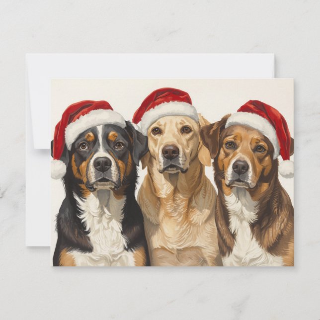 Three Dogs Santa Hats Merry Christmas Trio Holiday Card (Front)