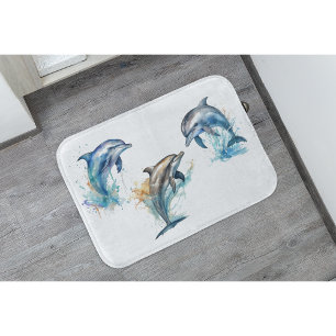 three dolphins jumping out of the water bath mat