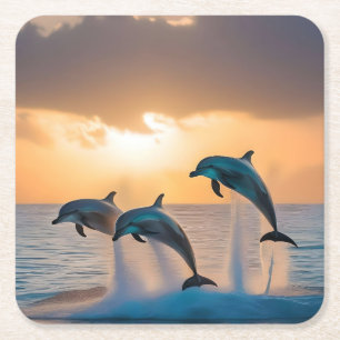 Three Dolphins Leaping At Sunset, Square Paper Coaster