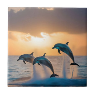 Three Dolphins Leaping At Sunset, Tile