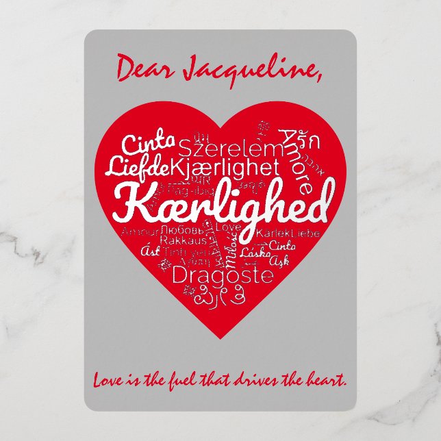 Three Dozen Ways to write LOVE in a Heart Shape Foil Holiday Card (Front)
