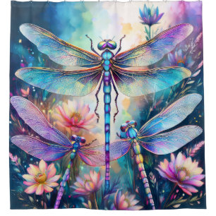 Three Dragonflies in Watercolor Shower Curtain