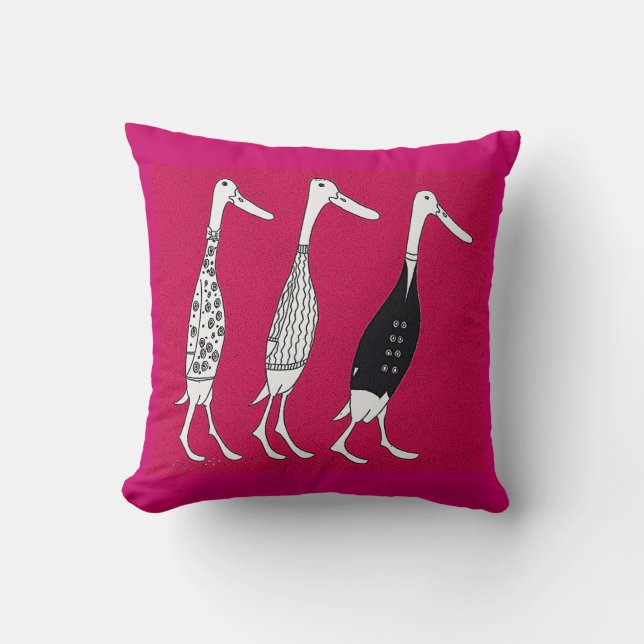 Three dressed ducks cartoon pun cushion (Front)