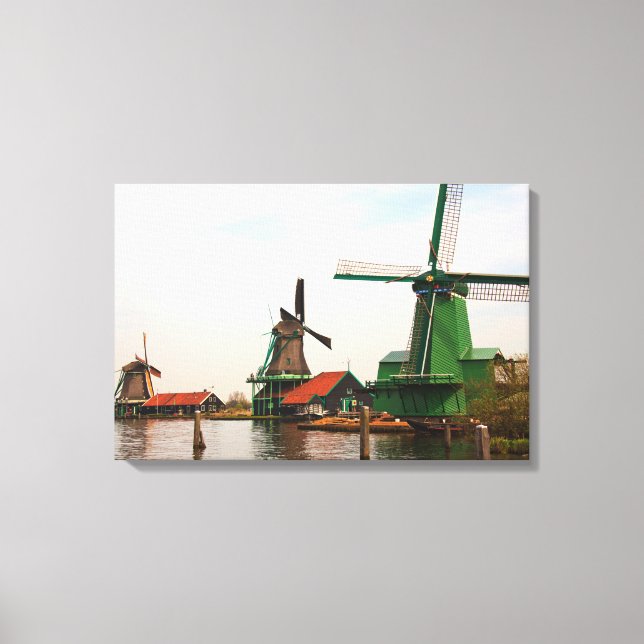 Three Dutch Windmills Reflected in Water on Canvas Print (Front)