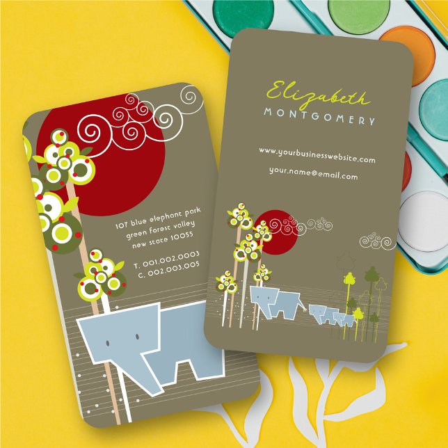 Three Elephants Family In The Forest Profile Card (Whimsical Stylized Elephant Family In The Forest & Red Sun Business Card @ fatfatin)