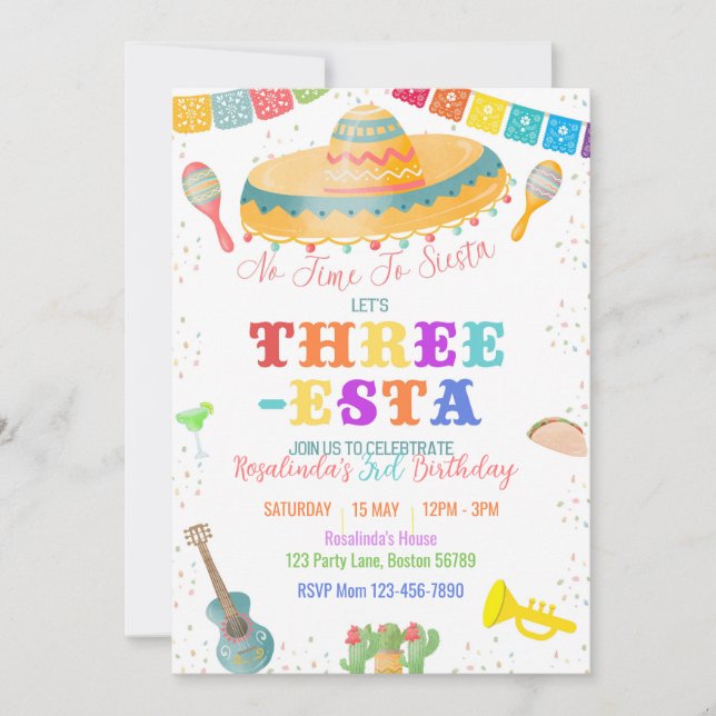 Three-esta Birthday Invitation Fiesta 3rd Birthday (Front)