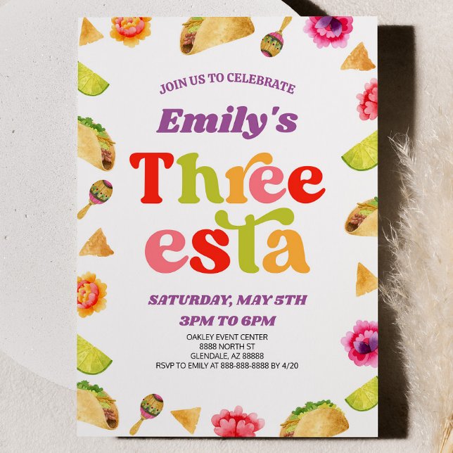 Three Esta Fiesta Taco 3rd Third Birthday Party Invitation (Creator Uploaded)
