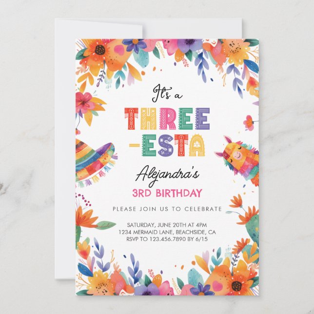 Three-Esta Mexican Fiesta 3rd Birthday Party Invitation (Front)
