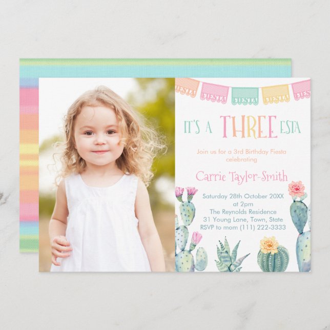THREE-esta Mexican Fiesta 3rd Birthday Party Photo Invitation (Front/Back)