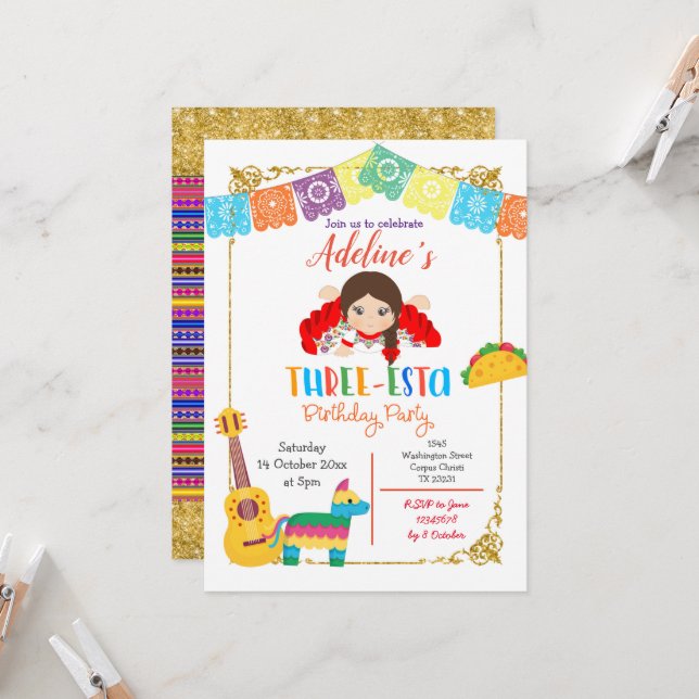 Three-esta Mexican Girl Birthday Invitation (Front/Back In Situ)