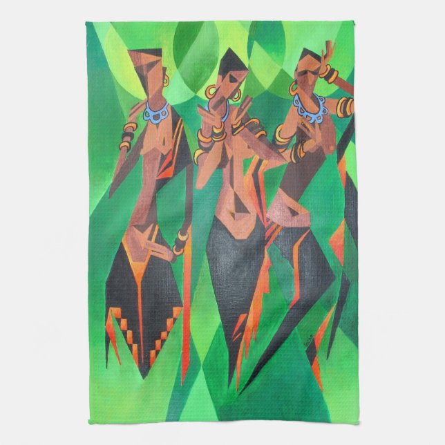 Three Ethnic Traditional Black Women Dancing Tea Towel (Vertical)