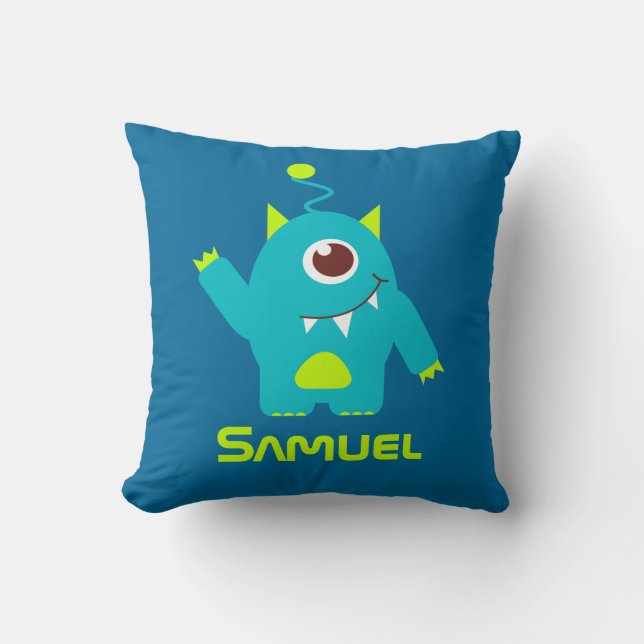 Three eyed alien blue & green kids name pillow (Front)