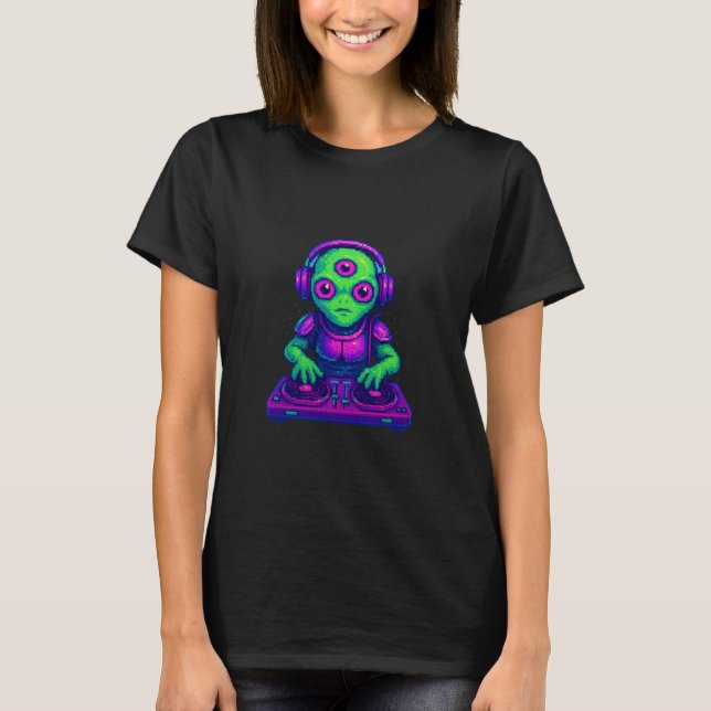 Three-Eyed Alien DJ – Retro Pixel Beatmaster T-Shirt (Front)