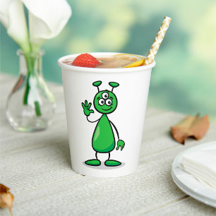 Three-Eyed Green Alien Martian Cartoon Paper Cups