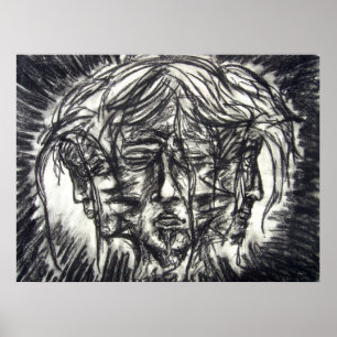 Three Faces of Metal Illness Charcoal Drawing Poster