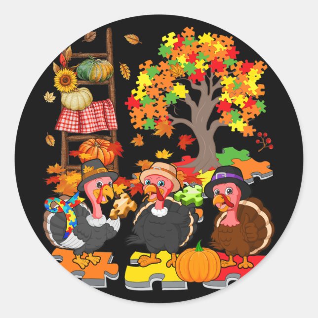 Three Fall Turkey With Autism Awareness Puzzle Pie Classic Round Sticker (Front)