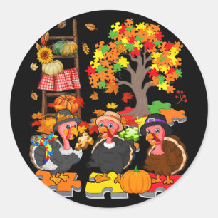 Three Fall Turkey With Autism Awareness Puzzle Pie Classic Round Sticker