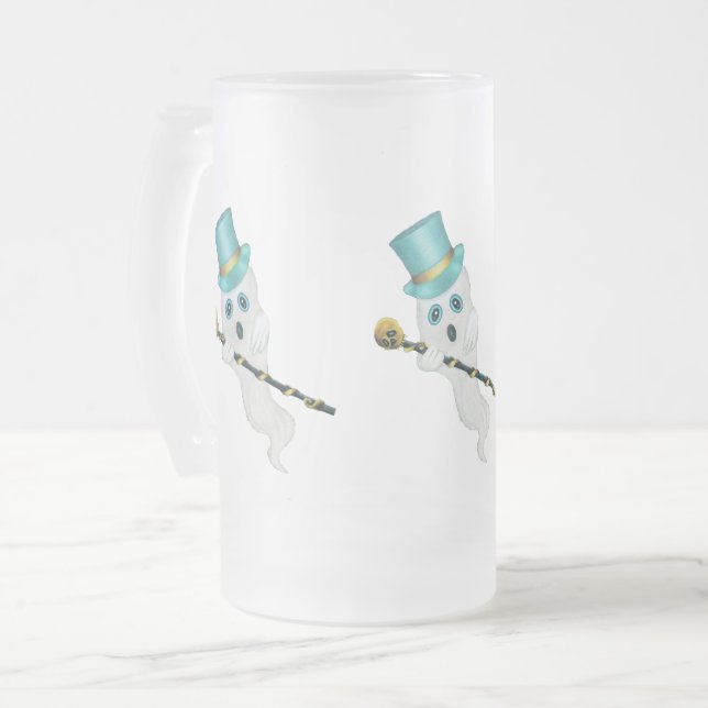 Three Fancy Ghosts Top Hats Holding Skull Canes Frosted Glass Beer Mug (Front Left)