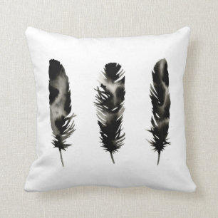 Three Feathers . Modern . Silhouette . Black White Cushion