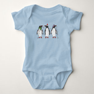 Three Festive Christmas Penguins Illustration Baby Bodysuit
