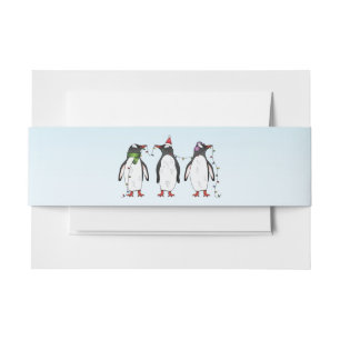 Three Festive Christmas Penguins Illustration Invitation Belly Band