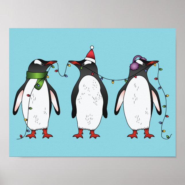 Three Festive Christmas Penguins Illustration Poster (Front)