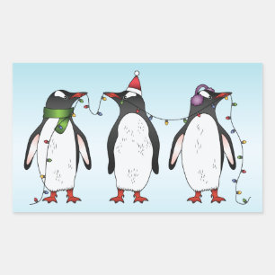 Three Festive Christmas Penguins Illustration Rectangular Sticker