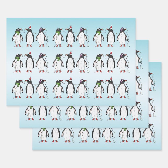 Three Festive Christmas Penguins Illustration Wrapping Paper Sheet (Set)