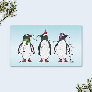 Three Festive Christmas Penguins On Light Blue Business Card
