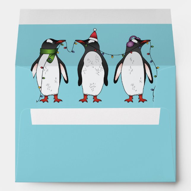 Three Festive Christmas Penguins On Light Blue Envelope (Back (Bottom))