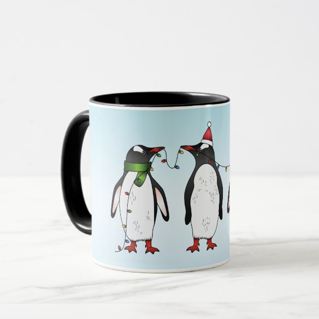 Three Festive Christmas Penguins With Custom Name Mug (Front Left)