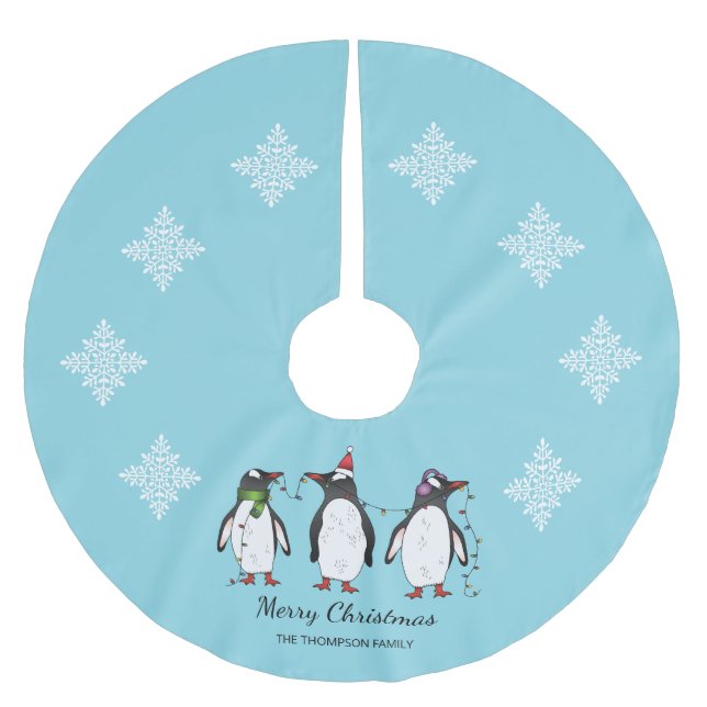 Three Festive Christmas Penguins With Custom Text Brushed Polyester Tree Skirt (Front)