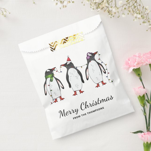 Three Festive Christmas Penguins With Custom Text Favour Bags (Sealed)