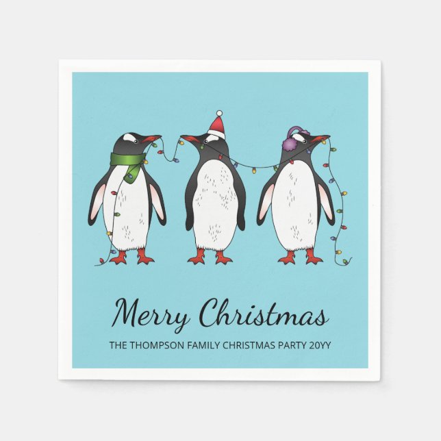 Three Festive Christmas Penguins With Custom Text Napkin (Front)