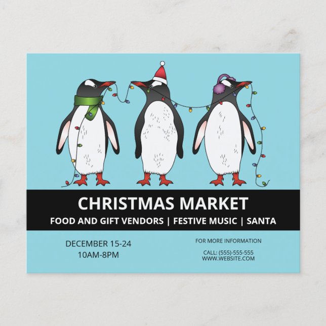 Three Festive Penguins On Blue - Christmas Market Flyer (Front)