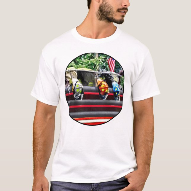 Three Fire Helmets on Fire Truck T-Shirt (Front)