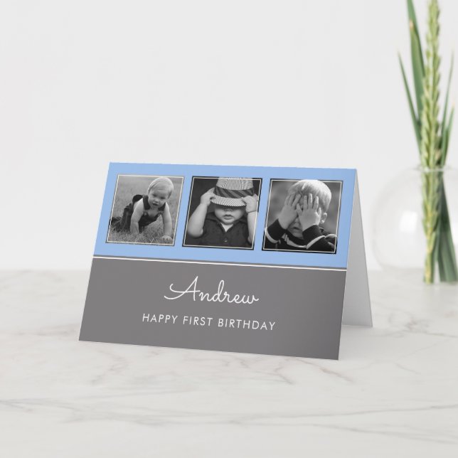 Three First Birthday Photo Collage Blue Card (Front)