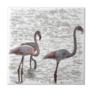 Three Flamingos Watercolor Tile