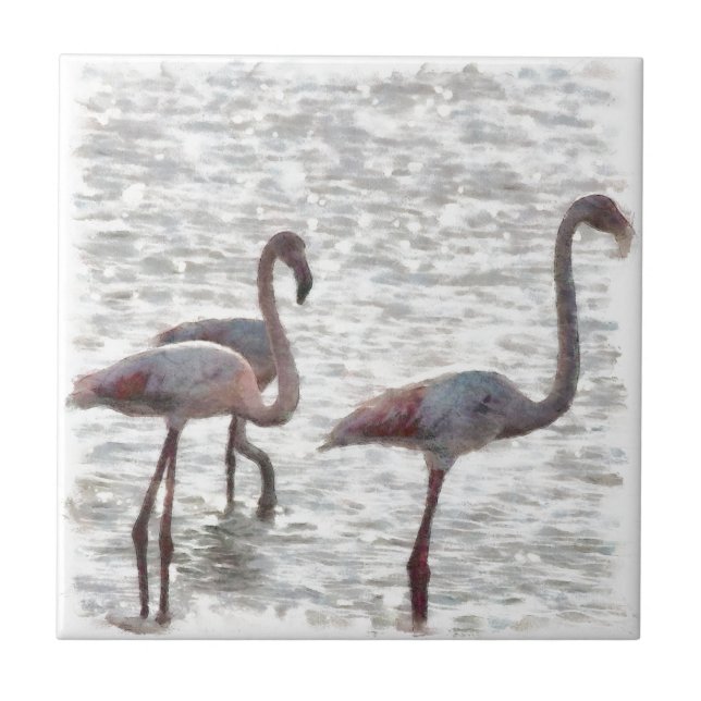 Three Flamingos Watercolor Tile (Front)