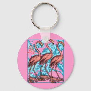 Three Flamingos with Flowers Key Ring