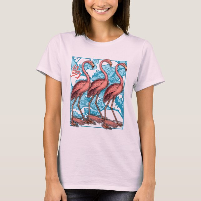 Three Flamingos with Flowers T-Shirt (Front)