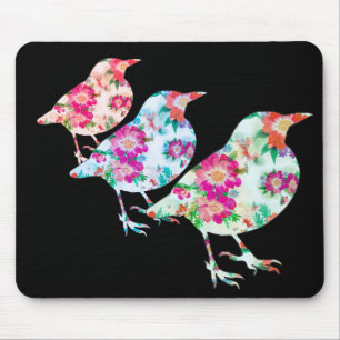 Three Floral Birdies Mouse Mat