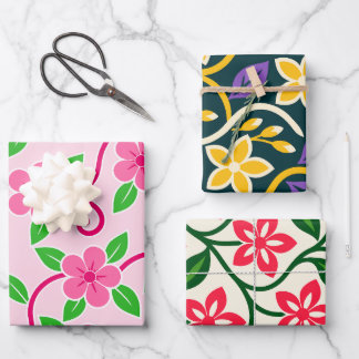 Three Floral Designs in Pink, Red & Yellow Wrapping Paper Sheet