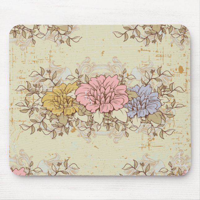 Three Flowers, Vintage Country Floral Mouse Mat (Front)