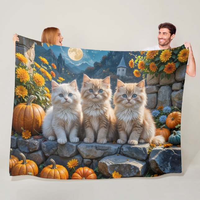 Three Fluffy Autumn Kittens with Pumpkins and Mums Fleece Blanket (In Situ)