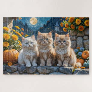 Three Fluffy Autumn Kittens with Pumpkins and Mums Jigsaw Puzzle