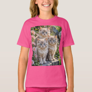 Three Fluffy Kittens with in pink Mums T-Shirt