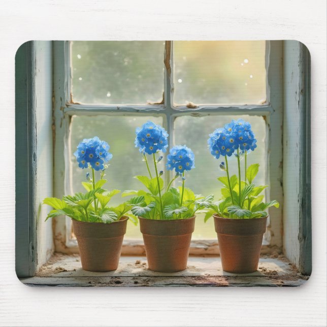 Three Forget-Me-Not Flower Pots In a Window Mouse Mat (Front)