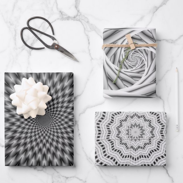 Three Fractal Abstracts in Monochrome Wrapping Paper Sheet (Front)