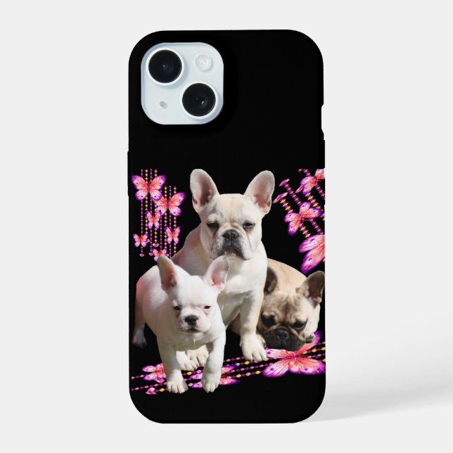 Three French Bulldogs with butterfly  iPhone 15 Case (Back)